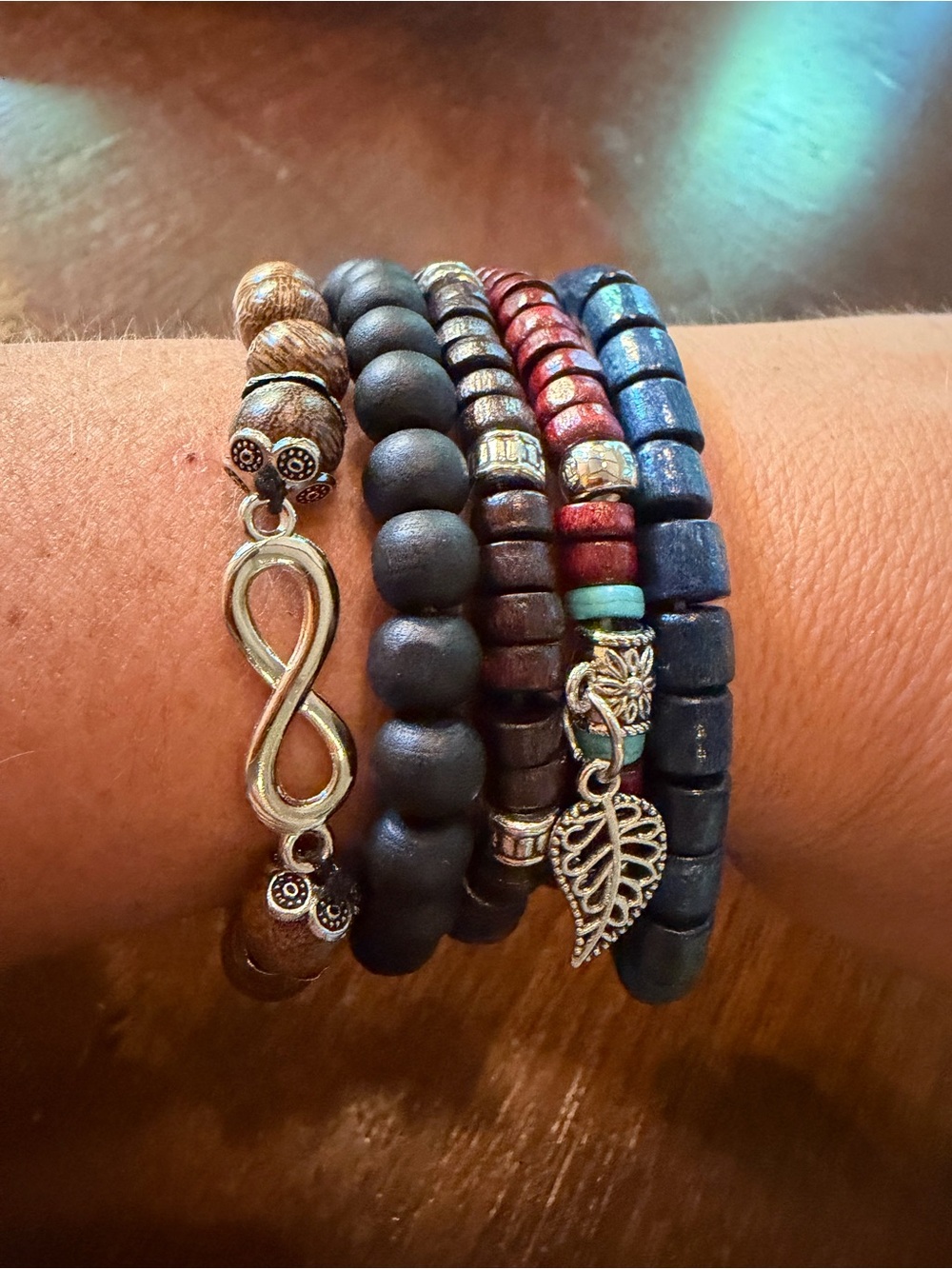 Layered Multicolor Wood Bead Stretch Bracelet Set with Infinity and Leaf Charms